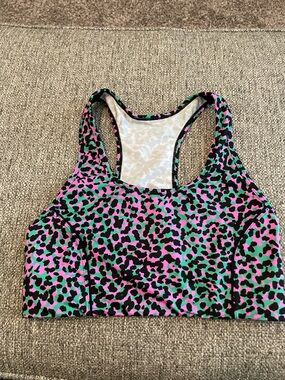 Fabletics Pink & Green Leopard Print Racerback Sports Bra
